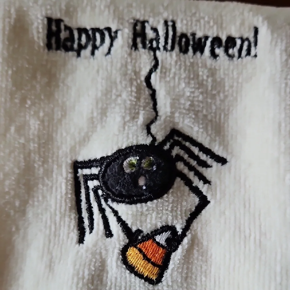 Two Spooky Hand Towels - Black and Orange Spider and Haunted House Motifs